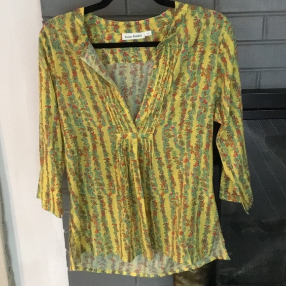 Roller Rabbit Tops - Roller Rabbit Yellow Striped Floral Split-Neck Tunic